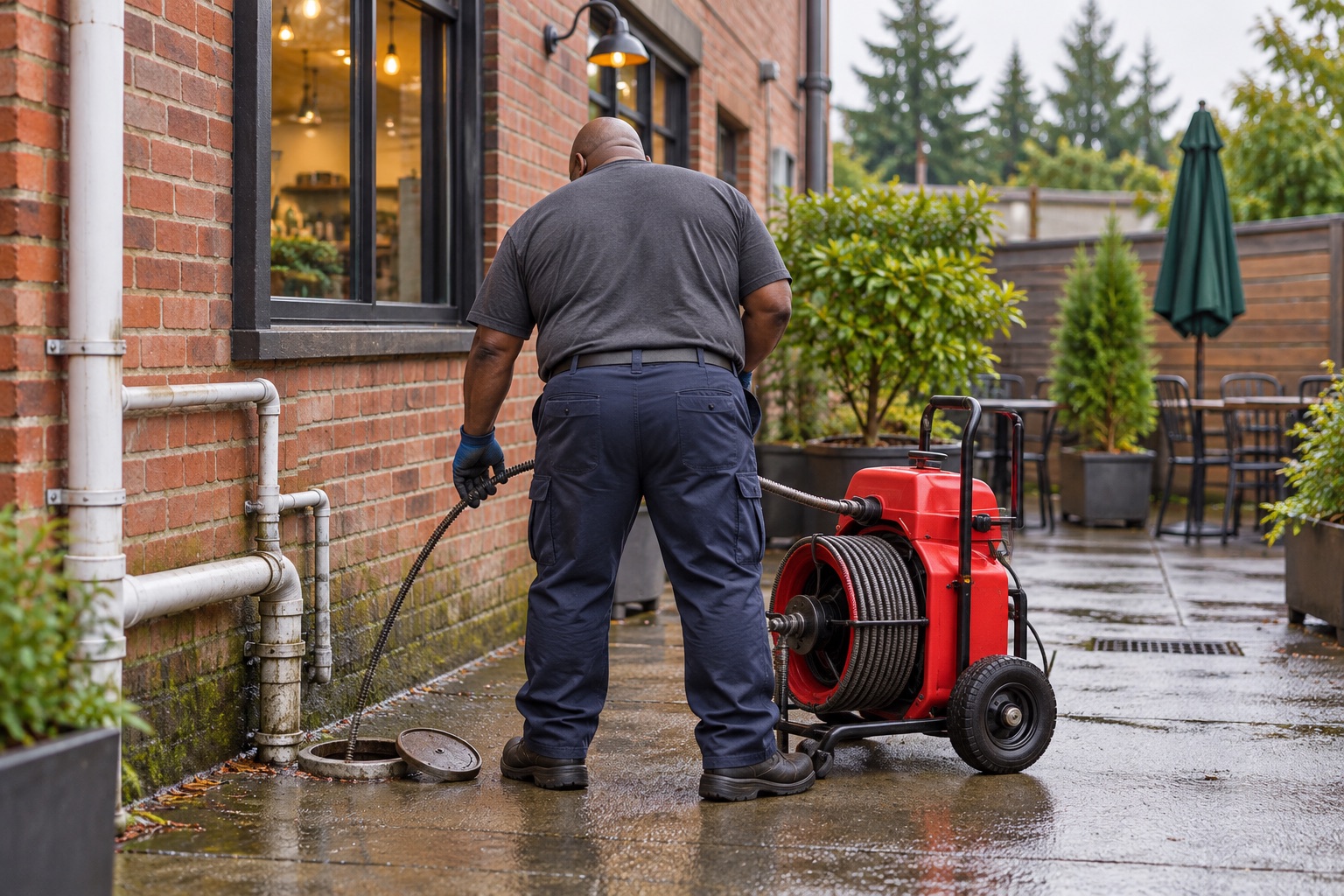 Illustration of a drain technician viewed from behind at a brick business courtyard in a Seattle-style neighborhood