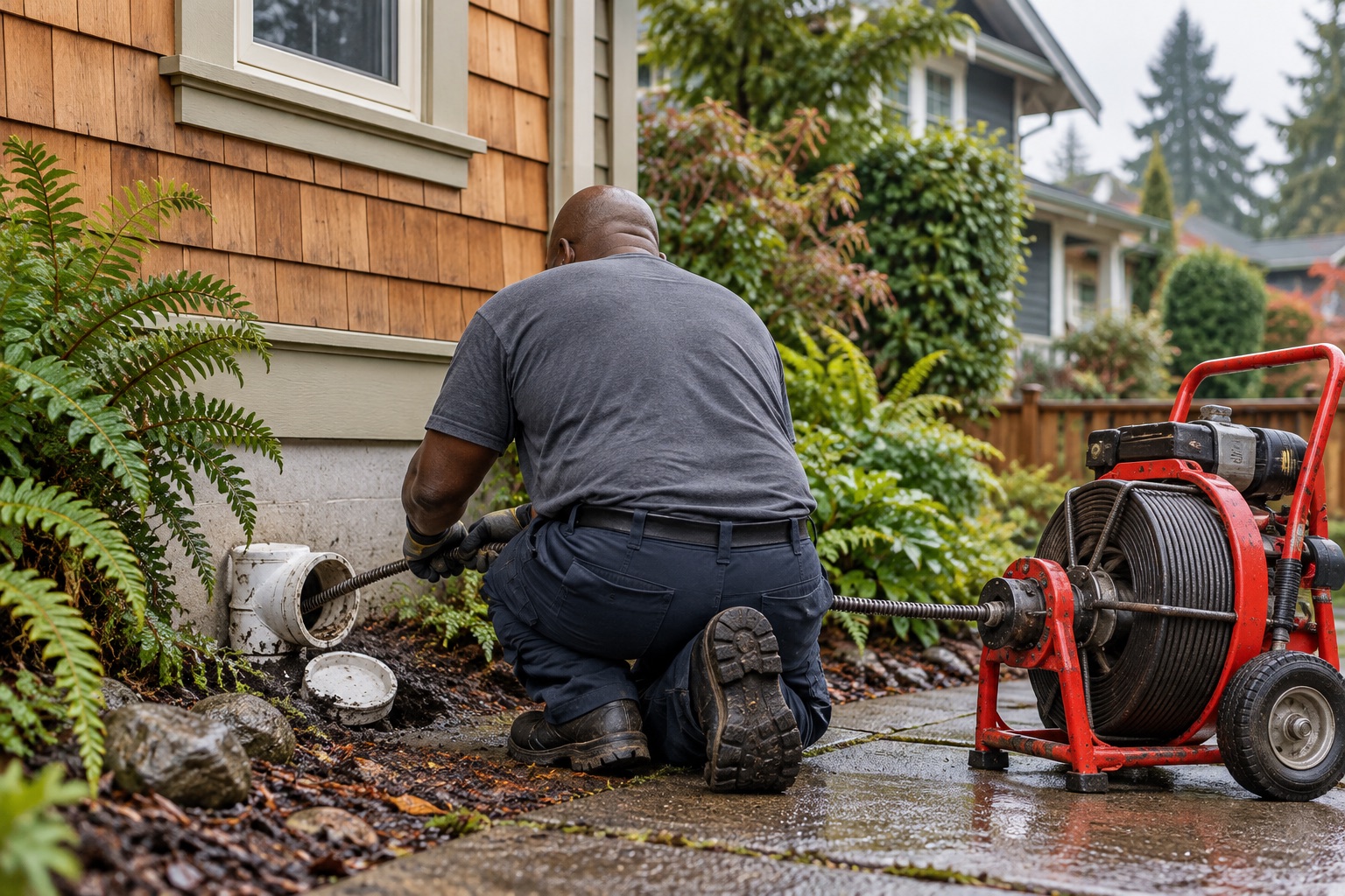 Illustration of a drain technician working from behind beside a Pacific Northwest home